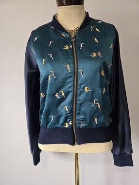 Numph Anthropolgie Pelican Teal & Navy Sati  Bomber Jacket . Size Snall